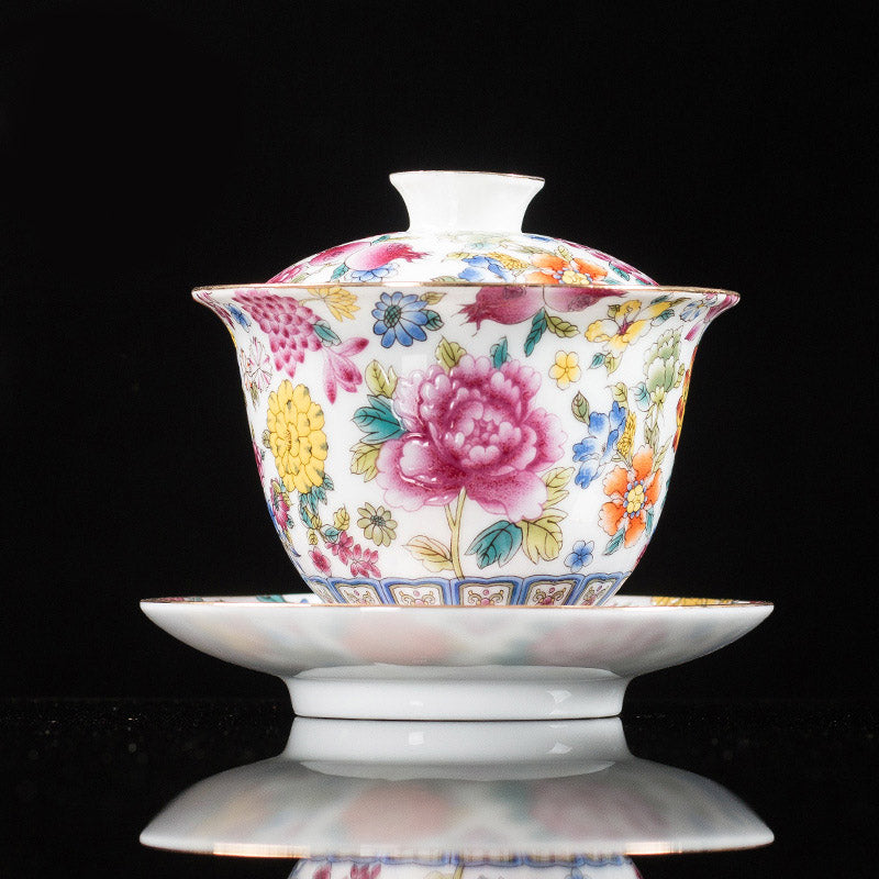 Buddha Stones牡丹の花の陶器蓋碗三彩ティーカップカンフーティーカップとソーサー蓋付き