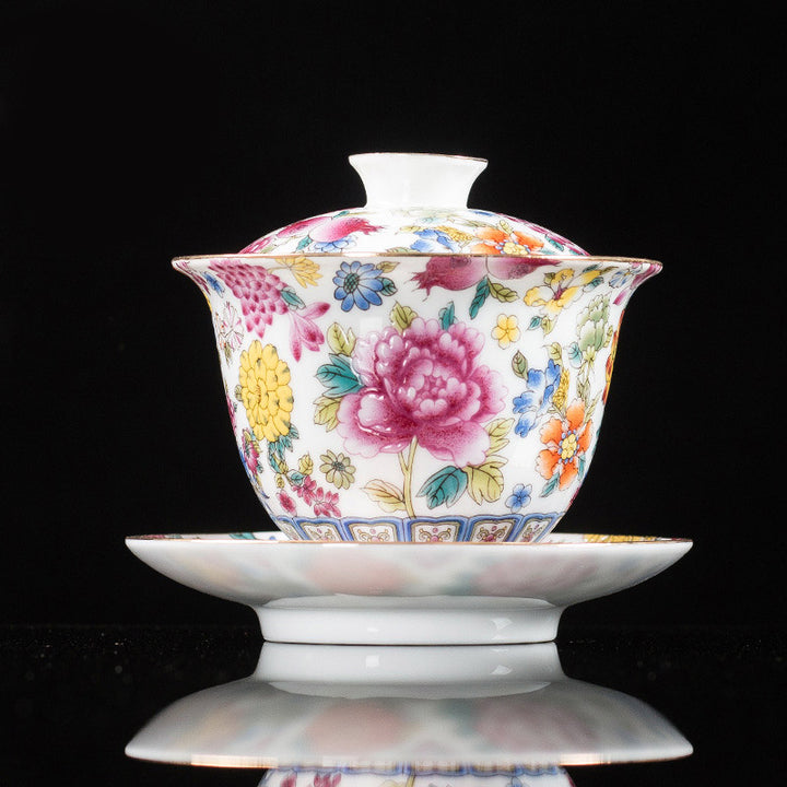 Buddha Stones牡丹の花の陶器蓋碗三彩ティーカップカンフーティーカップとソーサー蓋付き