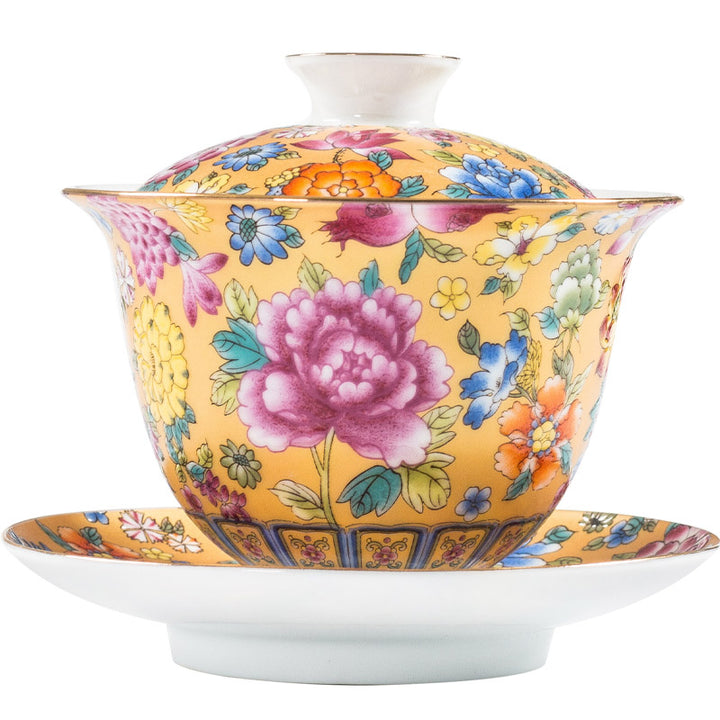 Buddha Stones牡丹の花の陶器蓋碗三彩ティーカップカンフーティーカップとソーサー蓋付き