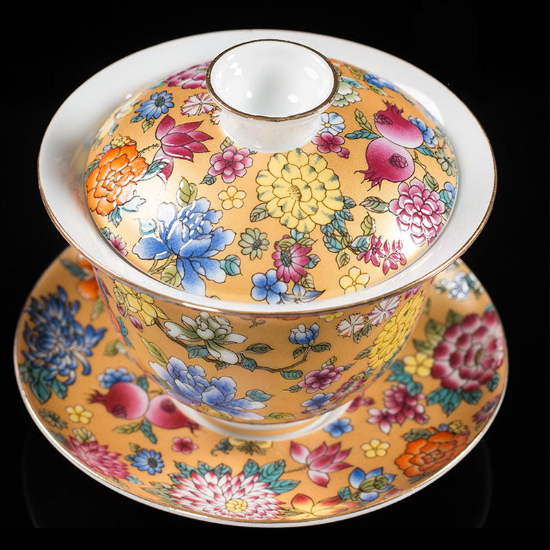Buddha Stones牡丹の花の陶器蓋碗三彩ティーカップカンフーティーカップとソーサー蓋付き