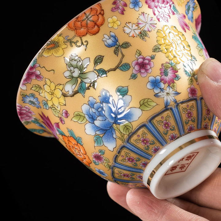 Buddha Stones牡丹の花の陶器蓋碗三彩ティーカップカンフーティーカップとソーサー蓋付き