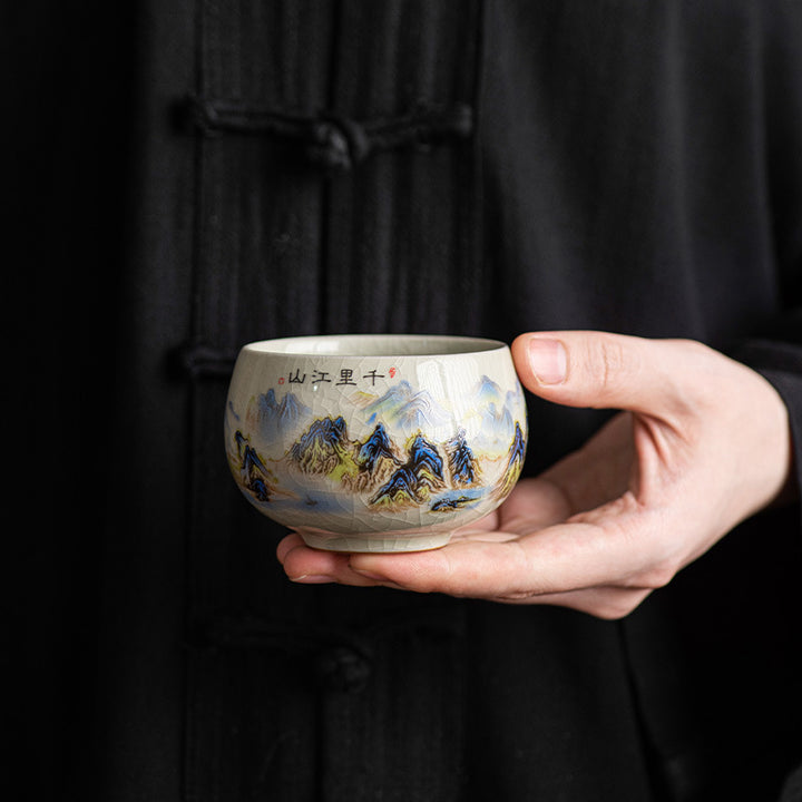 Buddha Stones川と山のパノラマ 陶器ティーカップ カンフーティーカップ 150ml