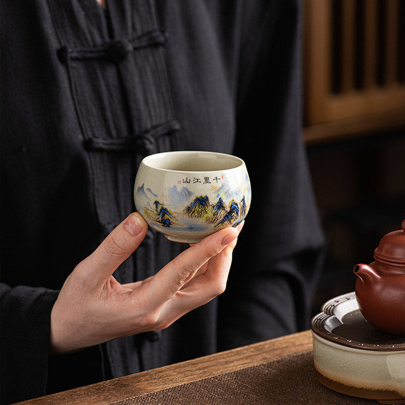 Buddha Stones川と山のパノラマ 陶器ティーカップ カンフーティーカップ 150ml