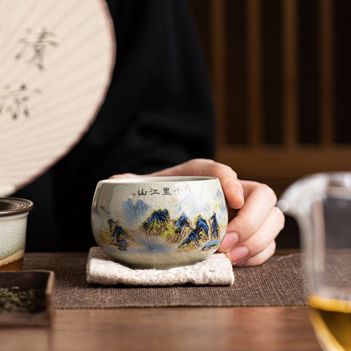 Buddha Stones川と山のパノラマ 陶器ティーカップ カンフーティーカップ 150ml
