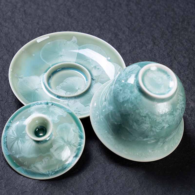 Buddha Stones伝統釉陶器蓋碗三彩ティーカップ カンフーティーカップ＆ソーサー 蓋付き 180ml
