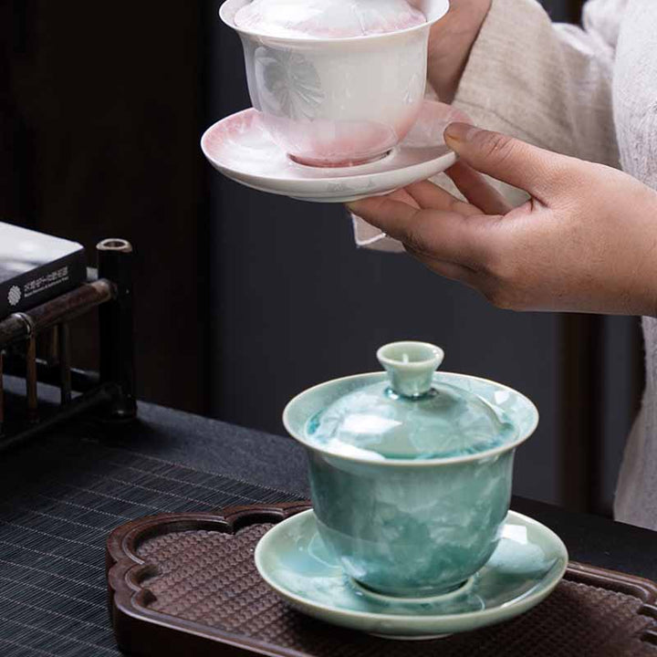 Buddha Stones伝統釉陶器蓋碗三彩ティーカップ カンフーティーカップ＆ソーサー 蓋付き 180ml