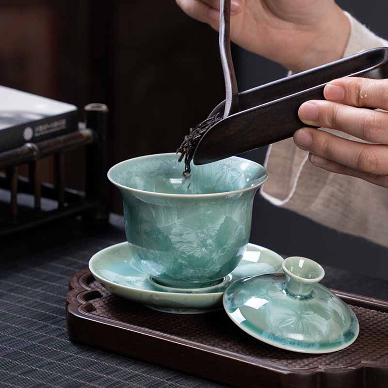 Buddha Stones伝統釉陶器蓋碗三彩ティーカップ カンフーティーカップ＆ソーサー 蓋付き 180ml