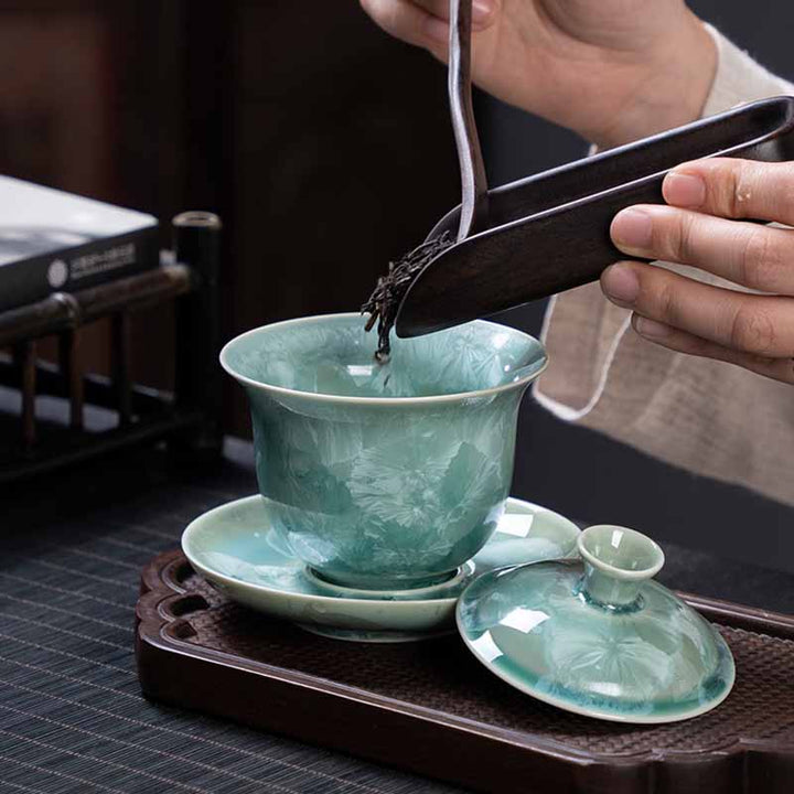 Buddha Stones伝統釉陶器蓋碗三彩ティーカップ カンフーティーカップ＆ソーサー 蓋付き 180ml