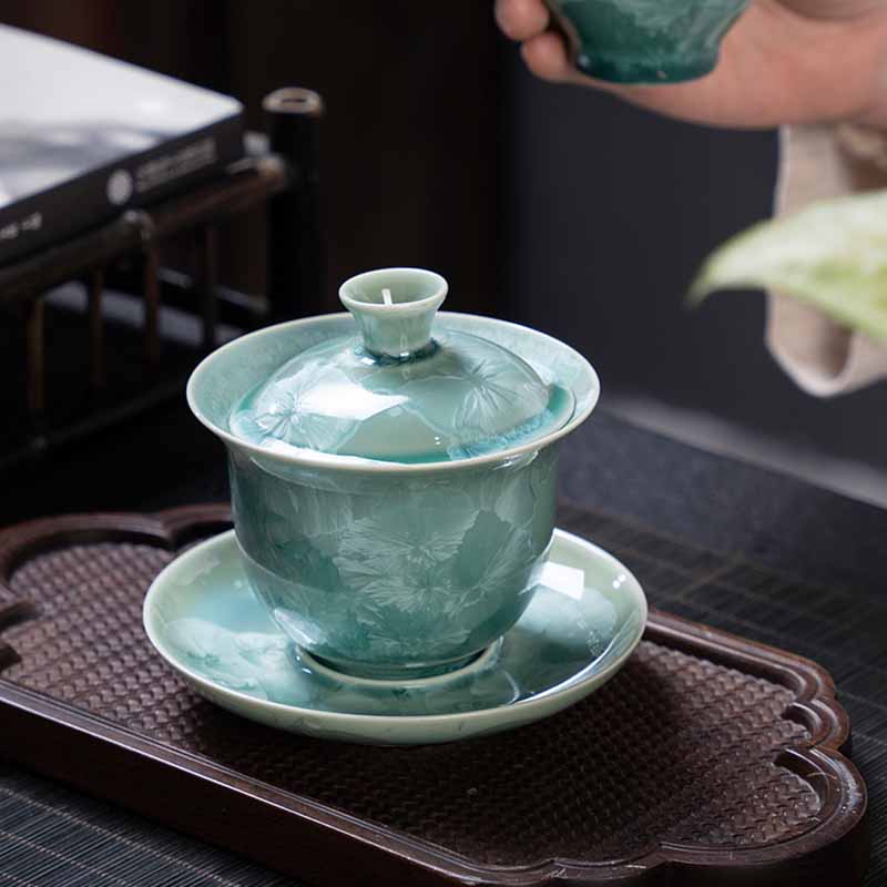 Buddha Stones伝統釉陶器蓋碗三彩ティーカップ カンフーティーカップ＆ソーサー 蓋付き 180ml