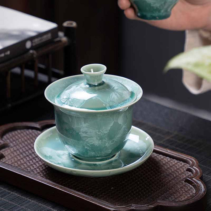 Buddha Stones伝統釉陶器蓋碗三彩ティーカップ カンフーティーカップ＆ソーサー 蓋付き 180ml