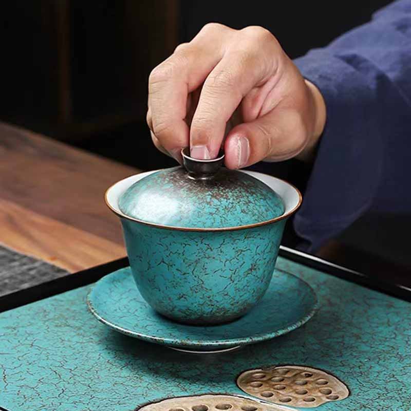 Buddha Stones伝統的な松の木 グリーン セラミック 蓋碗 三彩 ティーカップ カンフー ティーカップとソーサー 蓋付き