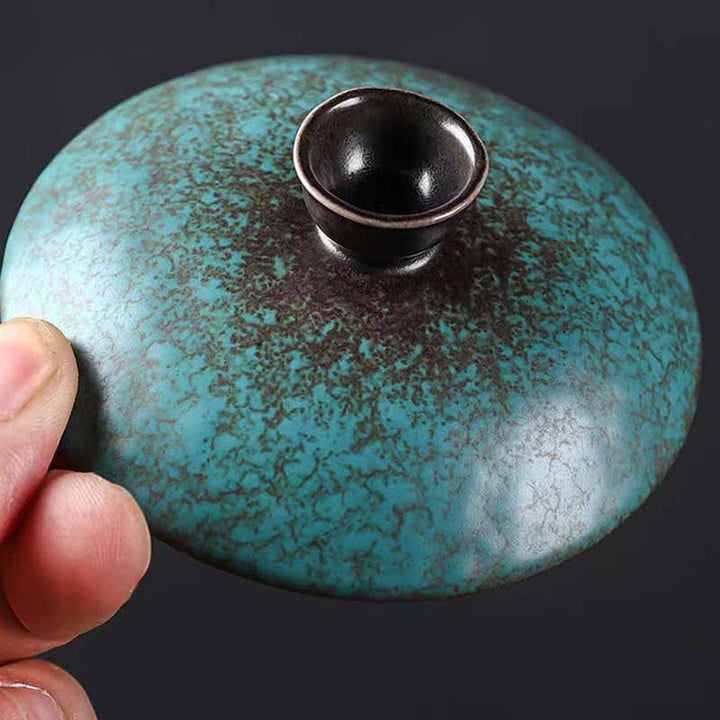 Buddha Stones伝統的な松の木 グリーン セラミック 蓋碗 三彩 ティーカップ カンフー ティーカップとソーサー 蓋付き