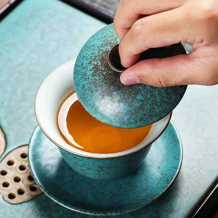Buddha Stones伝統的な松の木 グリーン セラミック 蓋碗 三彩 ティーカップ カンフー ティーカップとソーサー 蓋付き