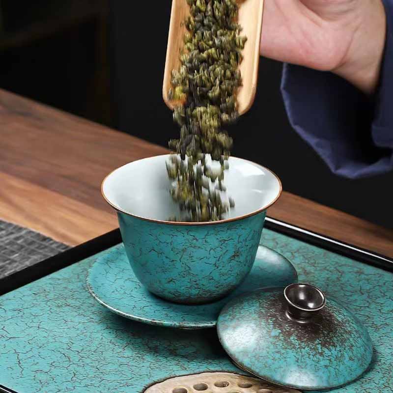 Buddha Stones伝統的な松の木 グリーン セラミック 蓋碗 三彩 ティーカップ カンフー ティーカップとソーサー 蓋付き