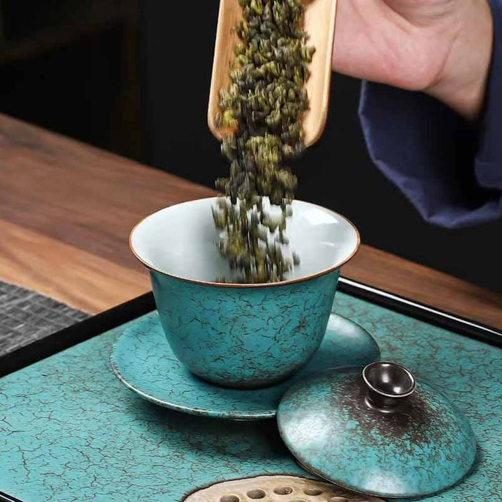 Buddha Stones伝統的な松の木 グリーン セラミック 蓋碗 三彩 ティーカップ カンフー ティーカップとソーサー 蓋付き