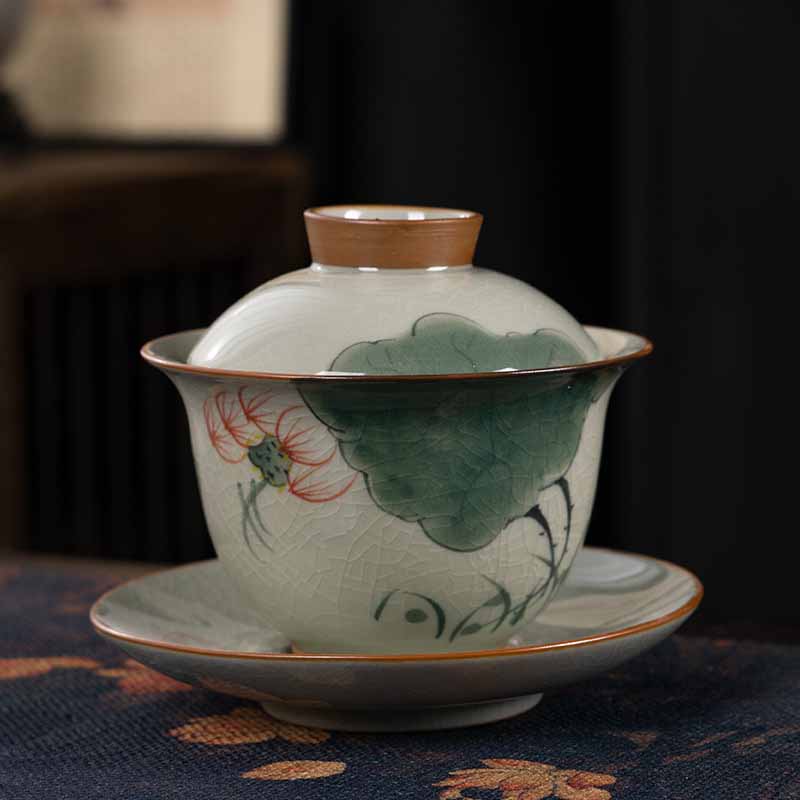 Buddha Stones蓮 鯉 ポッド 葉 セラミック 蓋碗 三彩 ティーカップ カンフー ティーカップ＆ソーサー 蓋付き 140ml