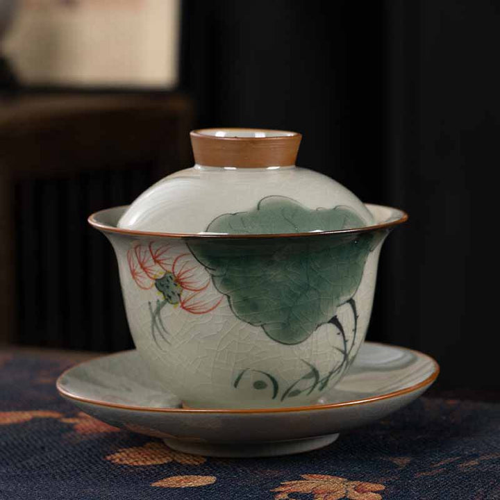 Buddha Stones蓮 鯉 ポッド 葉 セラミック 蓋碗 三彩 ティーカップ カンフー ティーカップ＆ソーサー 蓋付き 140ml