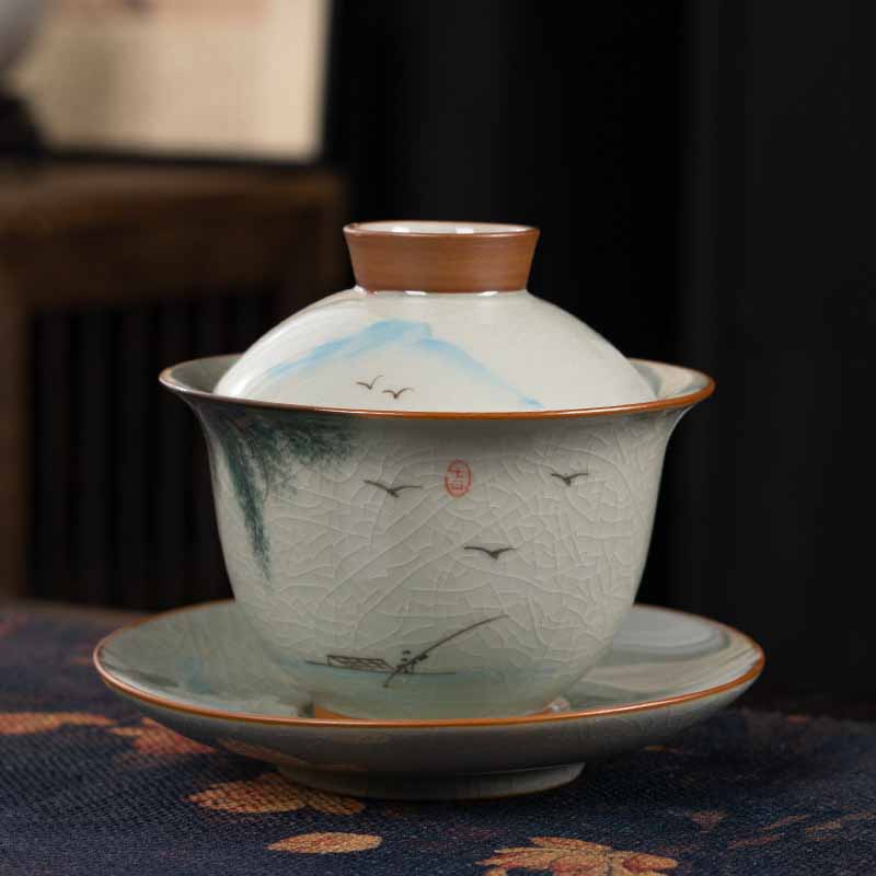 Buddha Stones蓮 鯉 ポッド 葉 セラミック 蓋碗 三彩 ティーカップ カンフー ティーカップ＆ソーサー 蓋付き 140ml