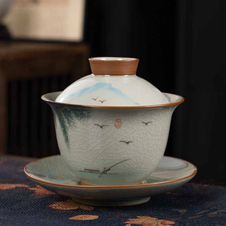 Buddha Stones蓮 鯉 ポッド 葉 セラミック 蓋碗 三彩 ティーカップ カンフー ティーカップ＆ソーサー 蓋付き 140ml