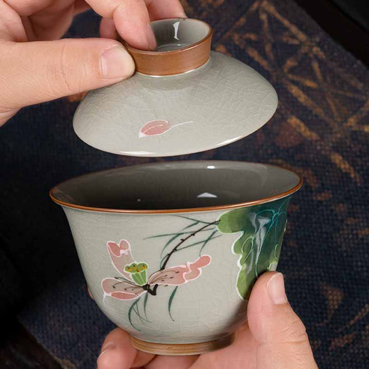 Buddha Stones蓮 鯉 ポッド 葉 セラミック 蓋碗 三彩 ティーカップ カンフー ティーカップ＆ソーサー 蓋付き 140ml