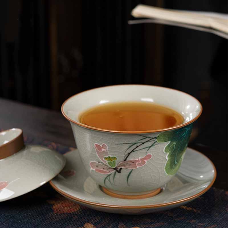 Buddha Stones蓮 鯉 ポッド 葉 セラミック 蓋碗 三彩 ティーカップ カンフー ティーカップ＆ソーサー 蓋付き 140ml