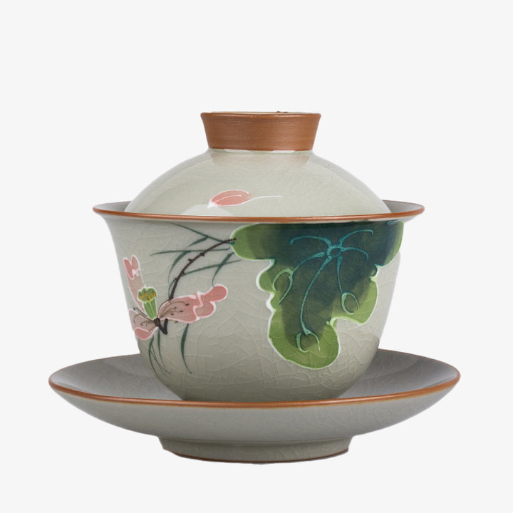 Buddha Stones蓮 鯉 ポッド 葉 セラミック 蓋碗 三彩 ティーカップ カンフー ティーカップ＆ソーサー 蓋付き 140ml