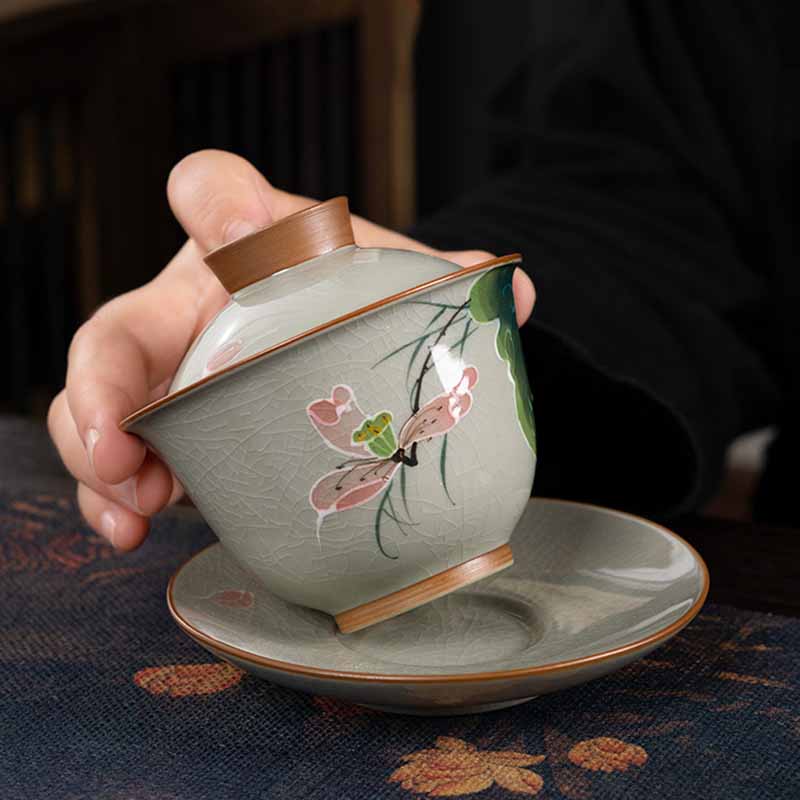 Buddha Stones蓮 鯉 ポッド 葉 セラミック 蓋碗 三彩 ティーカップ カンフー ティーカップ＆ソーサー 蓋付き 140ml