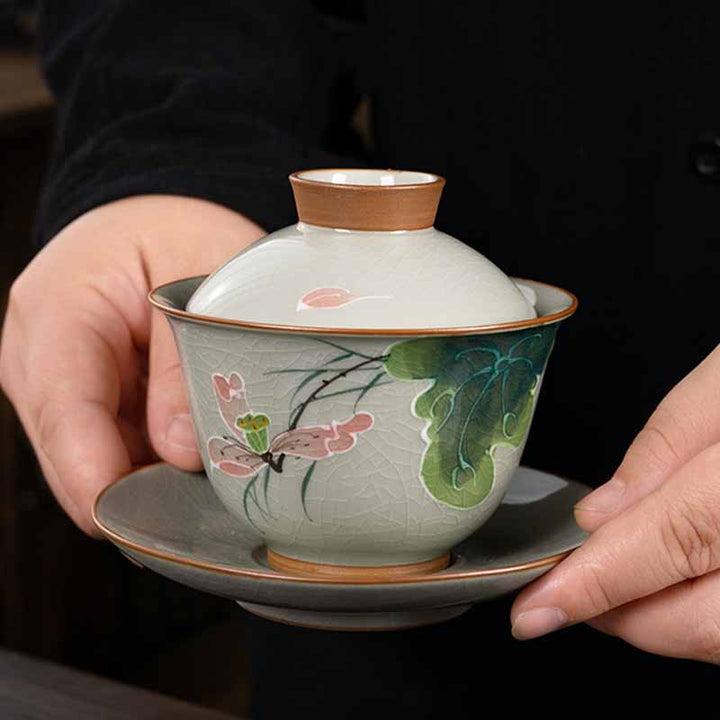 Buddha Stones蓮 鯉 ポッド 葉 セラミック 蓋碗 三彩 ティーカップ カンフー ティーカップ＆ソーサー 蓋付き 140ml