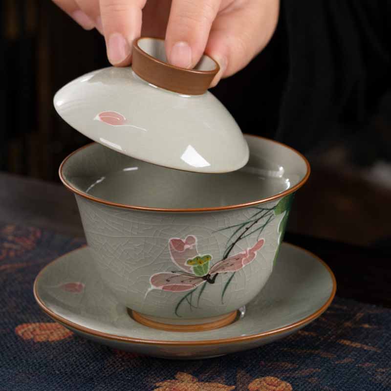 Buddha Stones蓮 鯉 ポッド 葉 セラミック 蓋碗 三彩 ティーカップ カンフー ティーカップ＆ソーサー 蓋付き 140ml