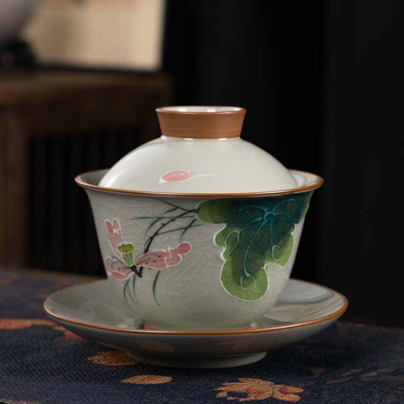 Buddha Stones蓮 鯉 ポッド 葉 セラミック 蓋碗 三彩 ティーカップ カンフー ティーカップ＆ソーサー 蓋付き 140ml
