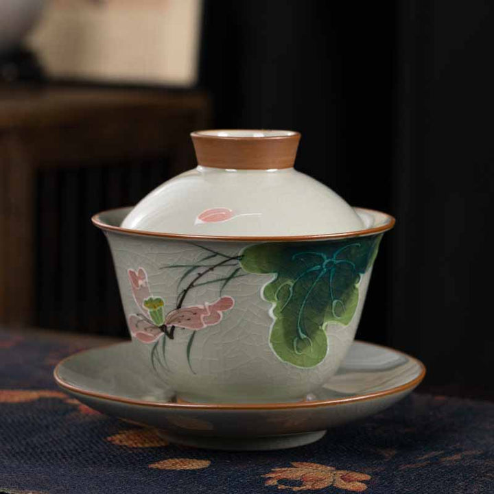 Buddha Stones蓮 鯉 ポッド 葉 セラミック 蓋碗 三彩 ティーカップ カンフー ティーカップ＆ソーサー 蓋付き 140ml