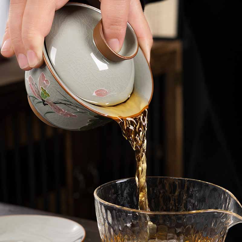 Buddha Stones蓮 鯉 ポッド 葉 セラミック 蓋碗 三彩 ティーカップ カンフー ティーカップ＆ソーサー 蓋付き 140ml