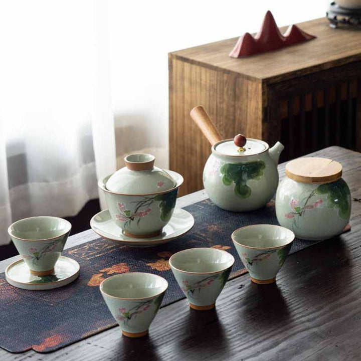 Buddha Stones蓮 鯉 ポッド 葉 セラミック 蓋碗 三彩 ティーカップ カンフー ティーカップ＆ソーサー 蓋付き 140ml