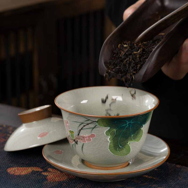 Buddha Stones蓮 鯉 ポッド 葉 セラミック 蓋碗 三彩 ティーカップ カンフー ティーカップ＆ソーサー 蓋付き 140ml