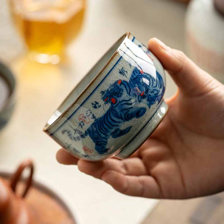 景徳鎮Buddha Stones手描き かわいい虎 陶器 ティーカップ カンフー ティーカップ ボウル 140ml