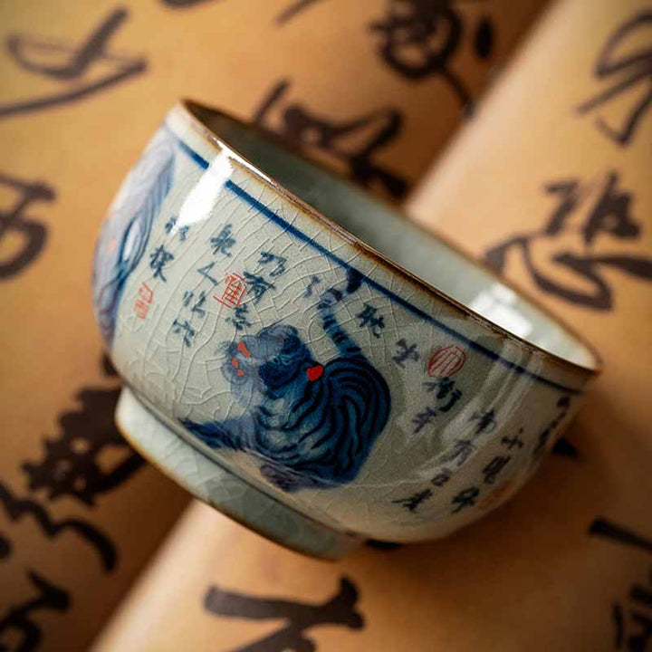 景徳鎮Buddha Stones手描き かわいい虎 陶器 ティーカップ カンフー ティーカップ ボウル 140ml