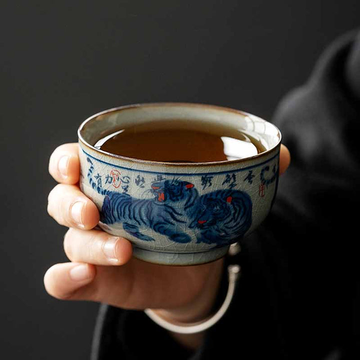 景徳鎮Buddha Stones手描き かわいい虎 陶器 ティーカップ カンフー ティーカップ ボウル 140ml