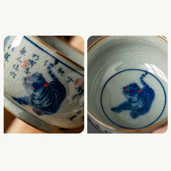 景徳鎮Buddha Stones手描き かわいい虎 陶器 ティーカップ カンフー ティーカップ ボウル 140ml