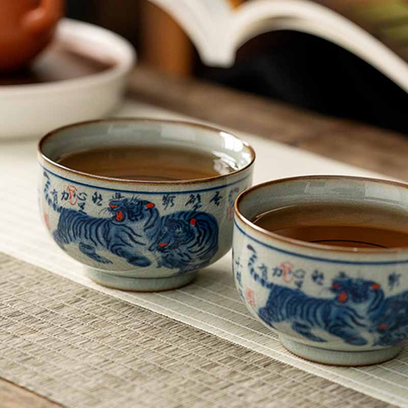 景徳鎮Buddha Stones手描き かわいい虎 陶器 ティーカップ カンフー ティーカップ ボウル 140ml