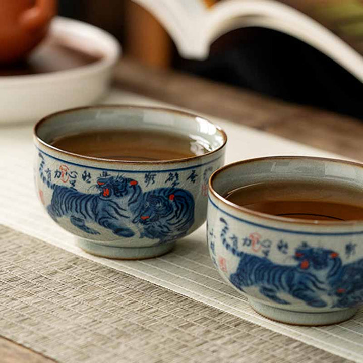 景徳鎮Buddha Stones手描き かわいい虎 陶器 ティーカップ カンフー ティーカップ ボウル 140ml