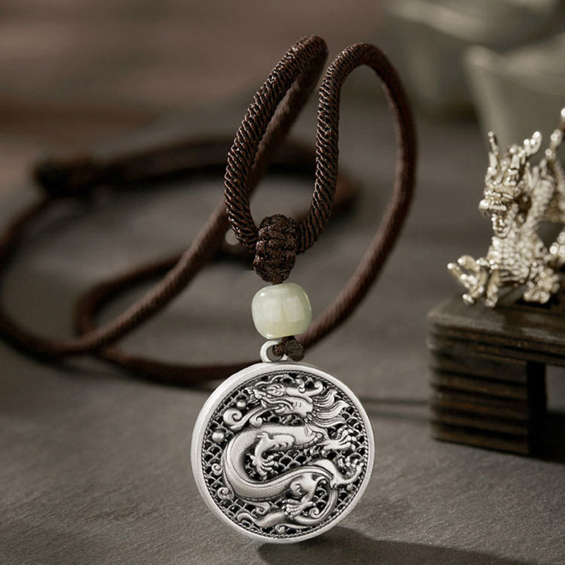 Buddha Stones999 スターリングシルバー 龍年福文字 和田翡翠 成功ネックレスペンダント - ドラゴンフーキャラクター - image 0