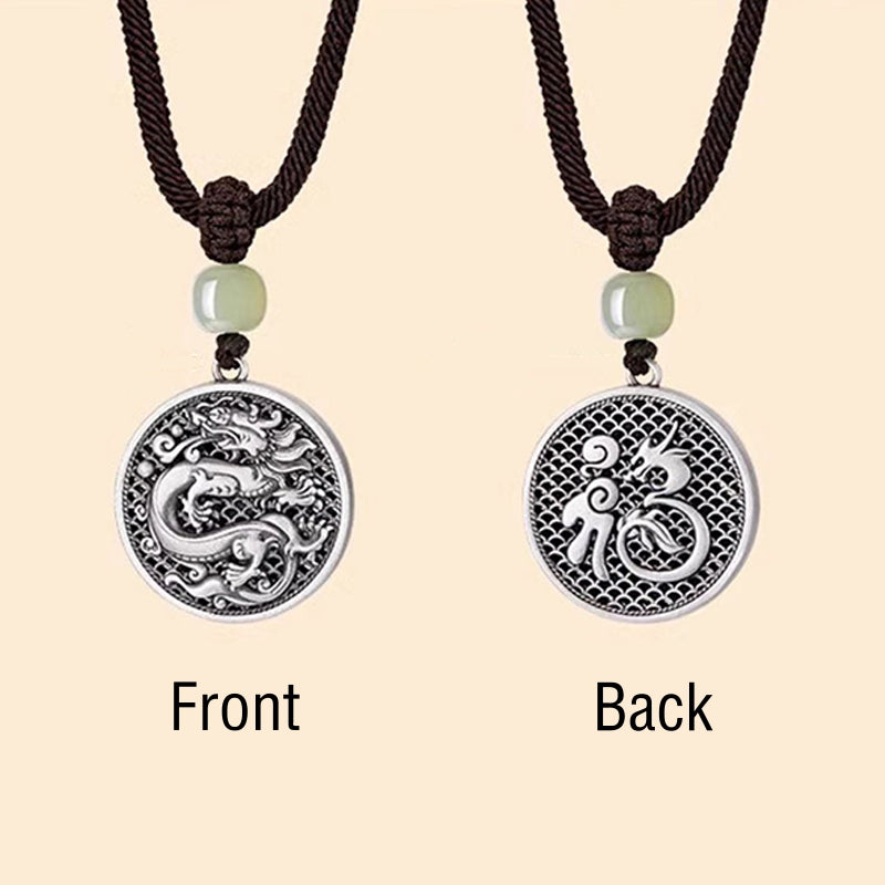 Buddha Stones999 スターリングシルバー 龍年福文字 和田翡翠 成功ネックレスペンダント