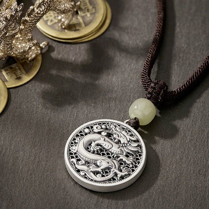 Buddha Stones999 スターリングシルバー 龍年福文字 和田翡翠 成功ネックレスペンダント