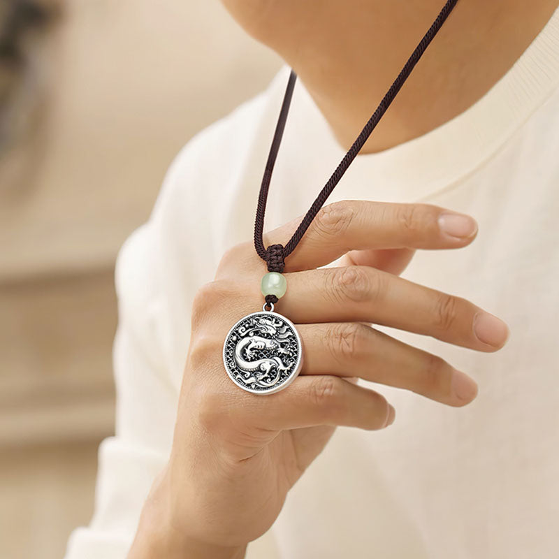 Buddha Stones999 スターリングシルバー 龍年福文字 和田翡翠 成功ネックレスペンダント