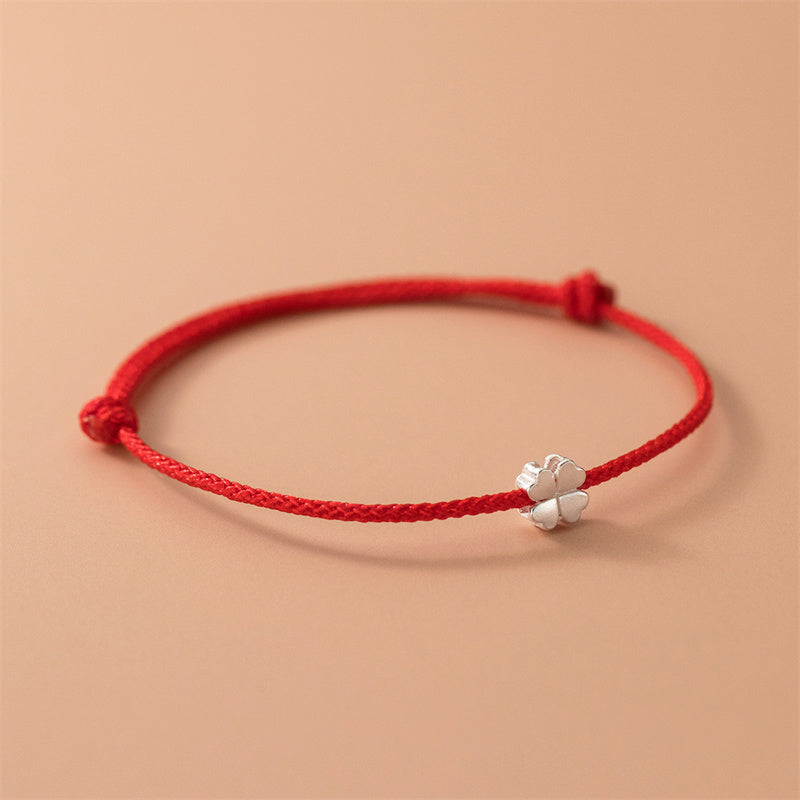 Buddha Stones925スターリングシルバー 四つ葉のクローバー レッドロープブレスレット