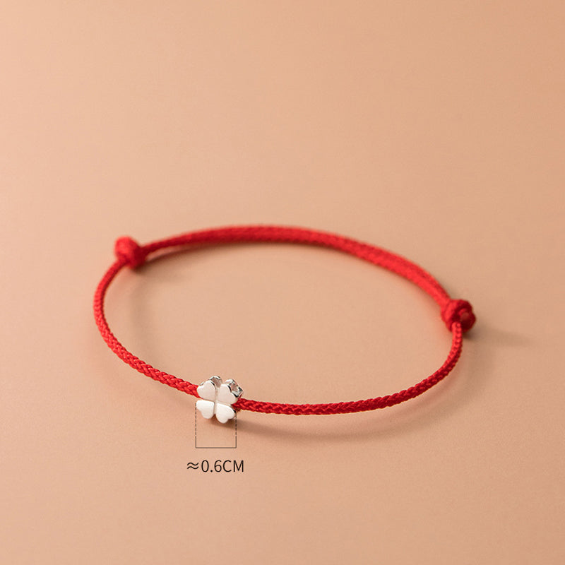 Buddha Stones925スターリングシルバー 四つ葉のクローバー レッドロープブレスレット