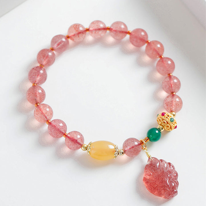 Buddha Stones天然ストロベリークォーツ 九尾狐 ヒーリングブレスレット