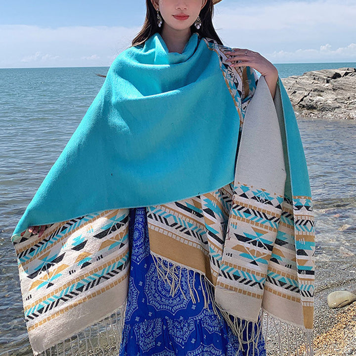 Buddha Stonesチベットショール カラフルな幾何学模様 冬用 心地よい旅行用スカーフ ラップ - ライトブルーベージュ 150×130cm - image 28