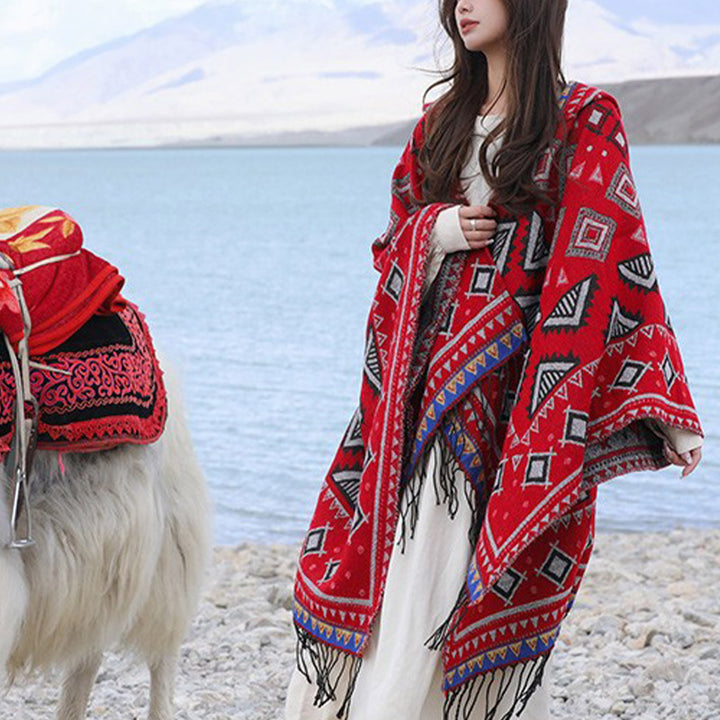 Buddha Stonesチベットショール 三角形の模様 フード付きマント 冬用 心地よい 旅行用スカーフ ラップ - image 8