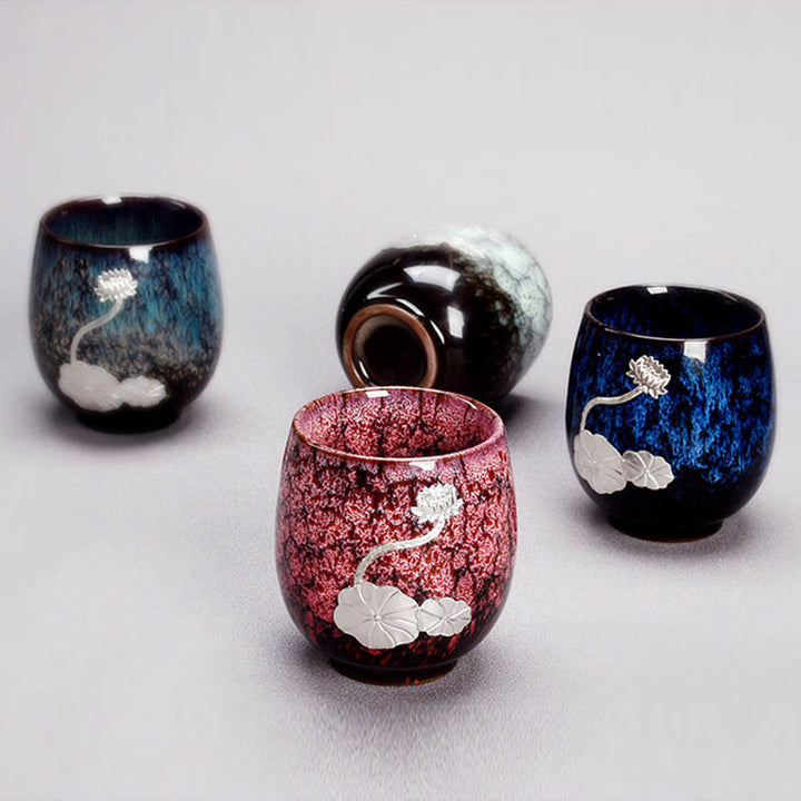 Buddha Stones銀蓮の花の葉 中国 Jianzhan 陶器 ティーカップ カンフー ティーカップ 150ml